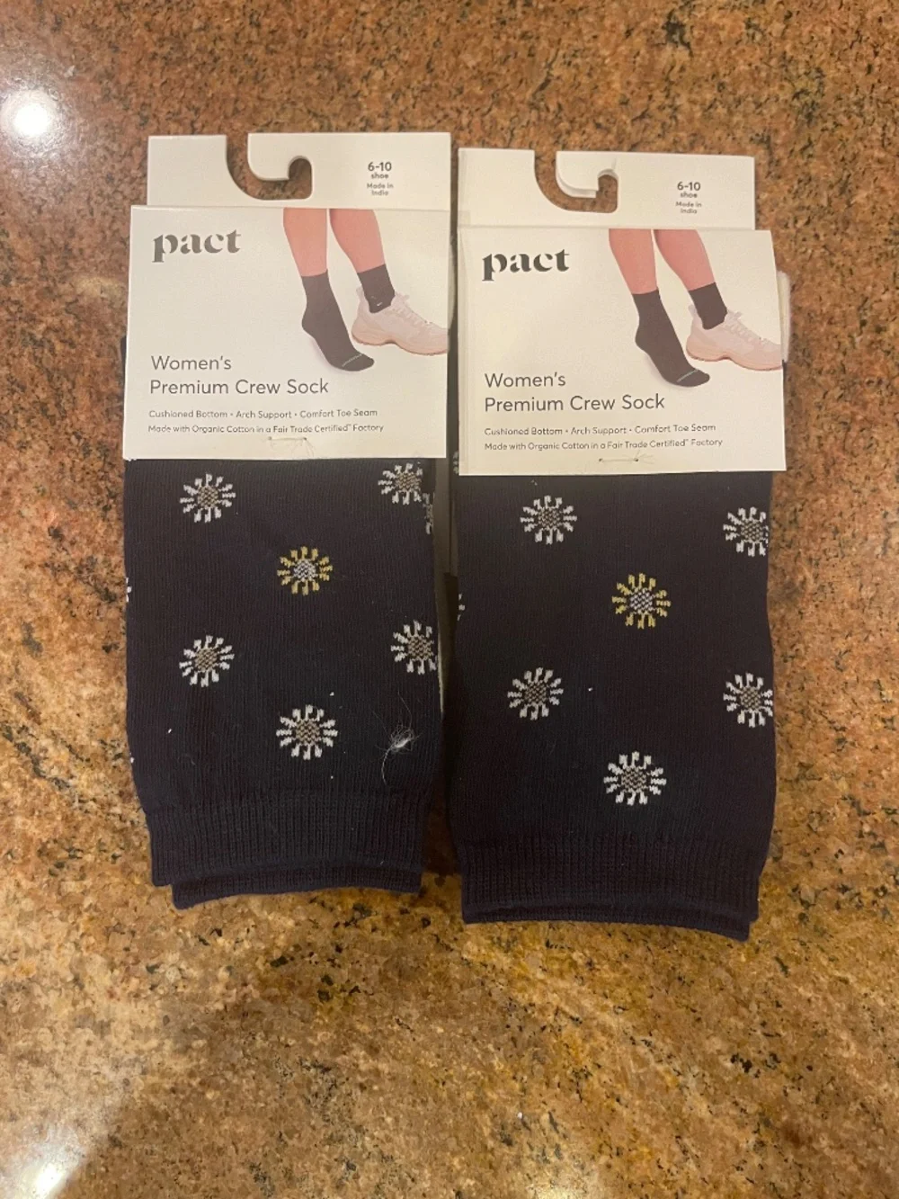 NEW! Pact Navy Daisy  Premium Crew Socks Two Pair NWT!
